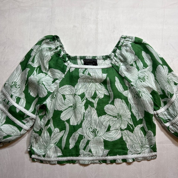 Tahari Emerald and White Linen Floral Top - Picture 1 of 9